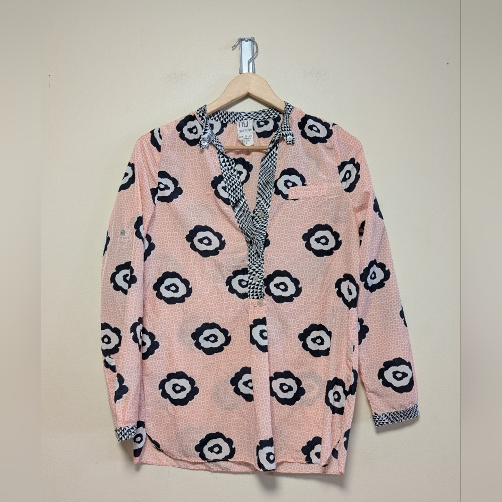 NU New York Pink Floral Print Blouse Long Sleeve Roll Tab Size S